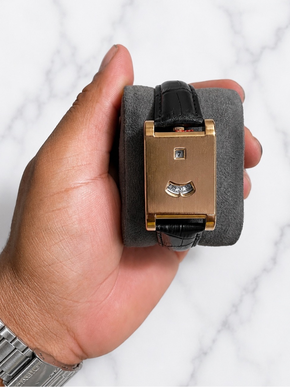 Men’s Gold-Tone Rectangular Watch with Black Leather Strap
